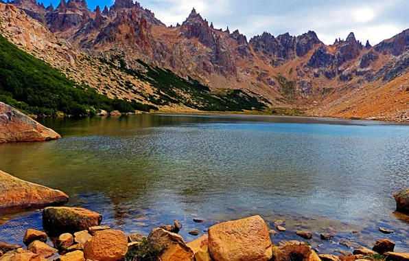 Picture mountains, lake, stones, rocks, shore, Argentina, Patagonia