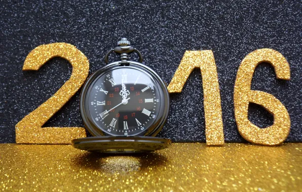 Picture watch, New Year, figures, golden, New Year, Happy, glitter, 2016