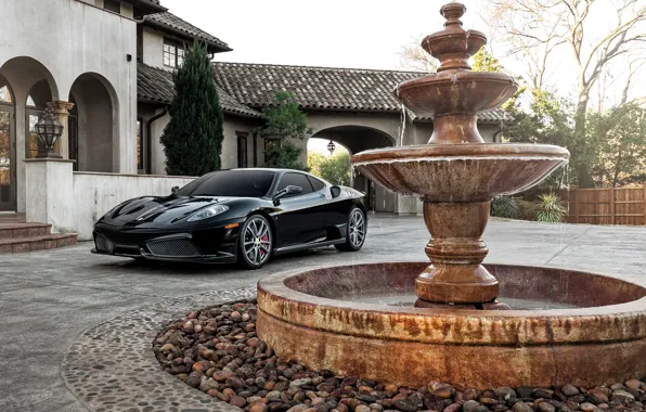 Picture house, black, fountain, F430, Ferrari, supercar, Ferrari, Black