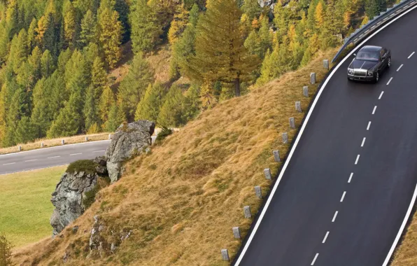 Picture road, trees, landscape, machine, nature, stones, the descent, view, road markings, rolls-royce