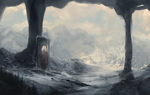 Picture winter, snow, mountains, the portal, the door, art, columns, the grotto, kingcloud