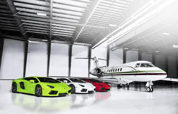 Picture Lamborghini, The plane, Red, Hangar, Green, White, LP700-4, Aventador, Supercars, Flag, Supercars, Italian, Plane