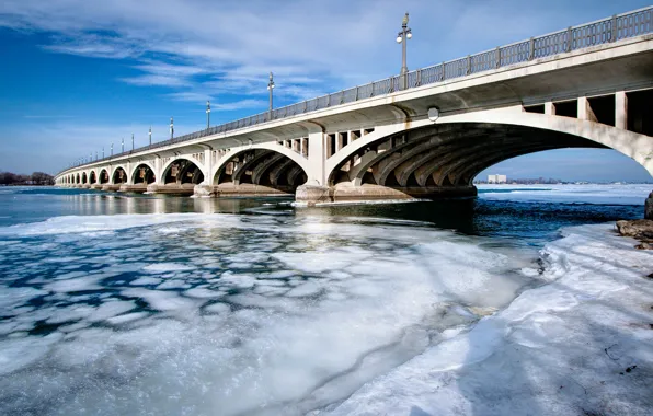Picture ice, winter, the sky, bridge, river