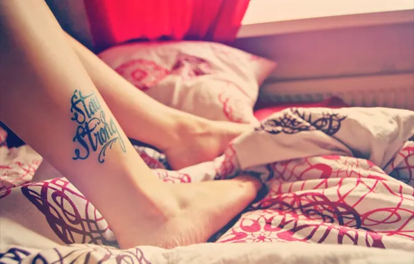 Picture text, the inscription, feet, tattoo, bed, tattoo