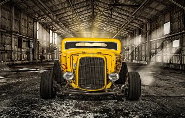 Picture yellow, retro, lights, hangar, classic, the front, hot-rod, classic car
