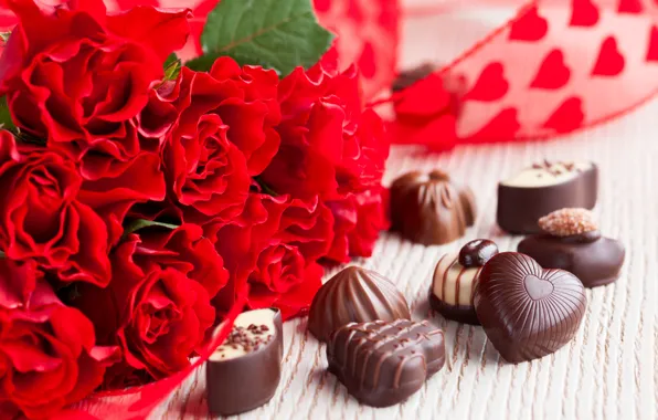 Picture flowers, chocolate, roses, bouquet, candy, red, dessert