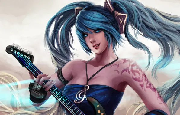 Picture girl, guitar, art, blue hair, League of Legends, sona, Maven of the Strings