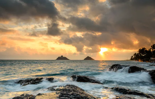 Wallpaper sunrise, stones, the ocean, rocks, Hawaii, Hawaii images for  desktop, section пейзажи - download