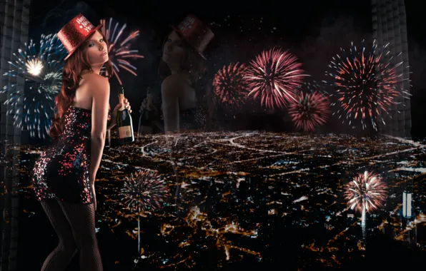 Picture reflection, bottle, panorama, New year, fireworks, champagne, night city, Tancy Marie