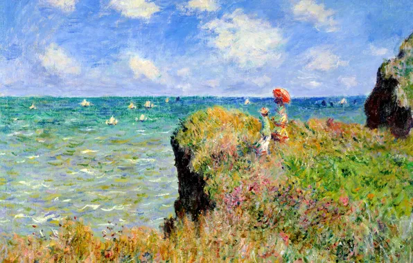 Picture sea, grass, landscape, flowers, rocks, boat, picture, sail, Claude Monet