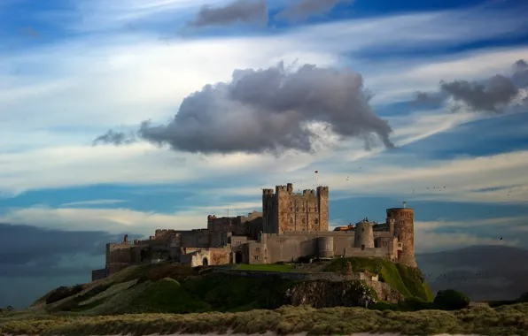 Picture the sky, mountains, birds, clouds, lake, castle, wall, tower, hill