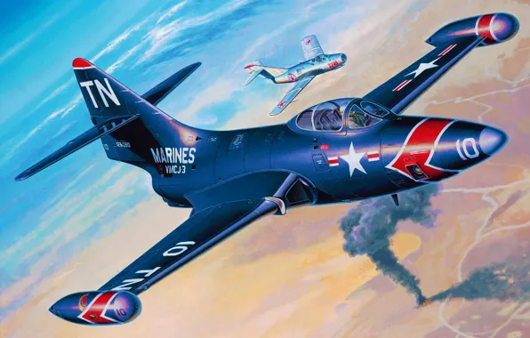 Wallpaper war, art, painting, jet, Grumman F9F Panther, avaition images ...