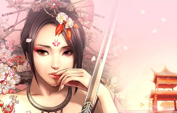Picture girl, flowers, pattern, hand, sword, katana, art, tattoo, Asian, gazebo, different eyes, Zhang Xiao Bai