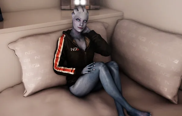 Picture look, smile, sofa, Girl, sitting, mass effect, Liara T Soni