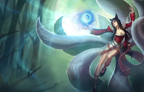 Picture forest, girl, magic, ears, League of Legends, tails, LoL, Ahri