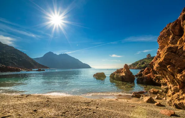Picture sea, beach, the sky, the sun, rays, mountains, stones, coast, France, Corsica