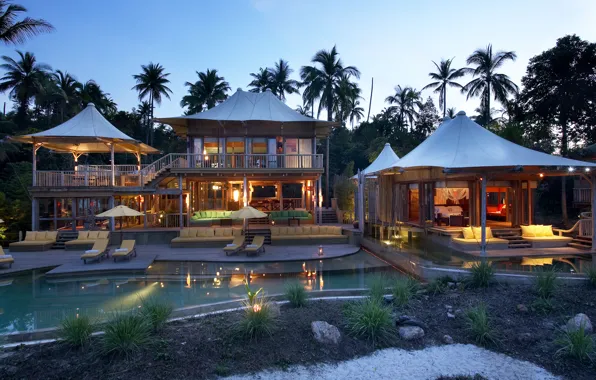 Picture house, palm trees, sport, the evening, pool, hall, pool, Bungalow, bedroom, sunbeds, houses, interior, exterior, …