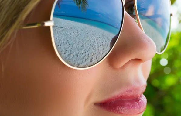 Picture beach, girl, face, reflection, glasses