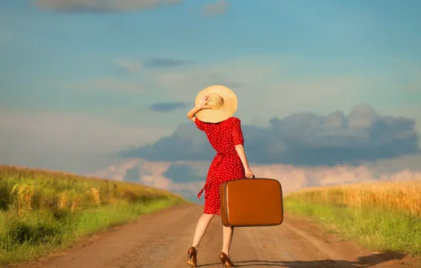 Picture road, the sky, clouds, Girl, dress, suitcase, hat