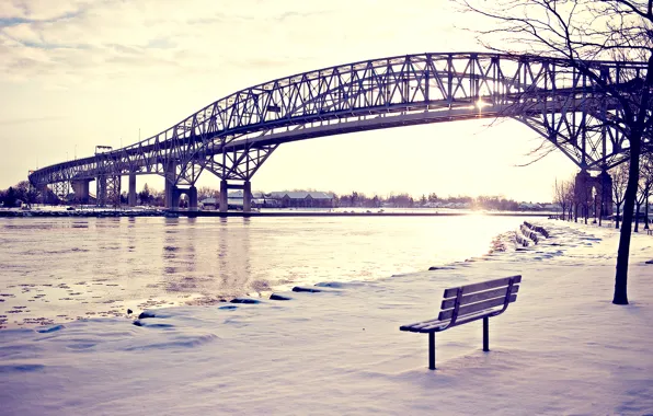Picture winter, snow, bench, bridge, river, shop