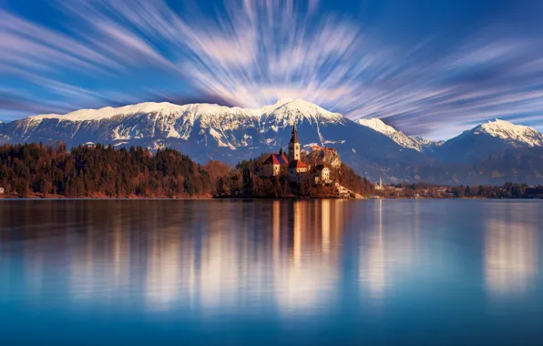 Picture forest, the sky, clouds, trees, mountains, lake, shore, day, Church, temple, Slovenia, Bled