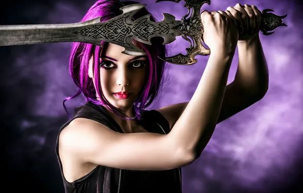 Picture look, girl, weapons, background, sword, makeup, piercing, bright hair
