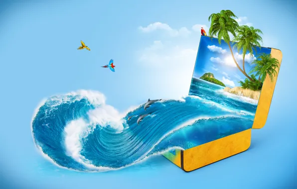 Picture sea, palm trees, creative, wave, dolphins, suitcase, parrots