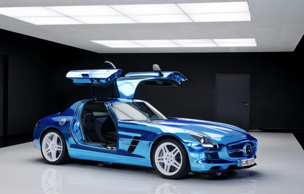 Picture car, blue, door, Mercedes, Mercedes, Benz, cars, AMG, SLS, blue, electric, drive, salon.
