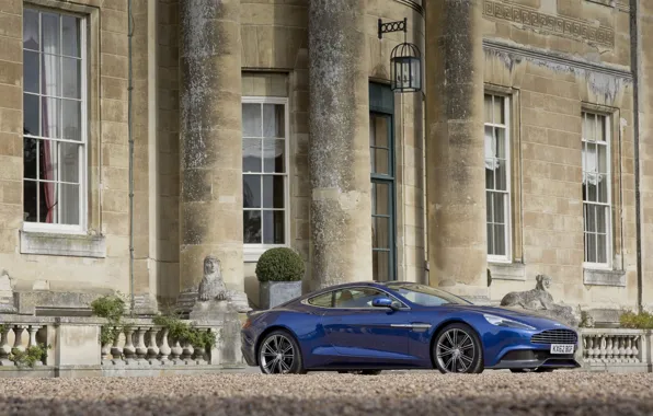 Picture Aston Martin, Blue, Wheel, The building, Car, Vanquish, Side view, AM310