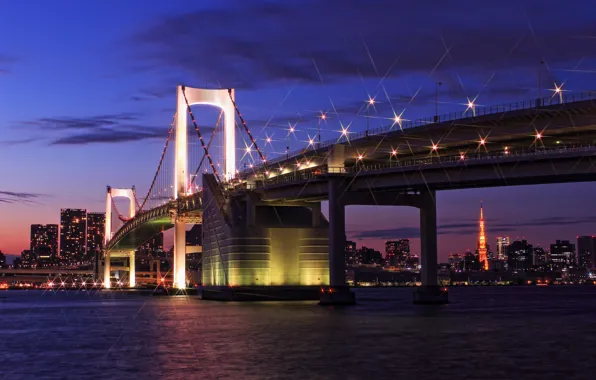 Picture the sky, clouds, sunset, bridge, lights, building, tower, home, the evening, Japan, lighting, Tokyo, lights, …