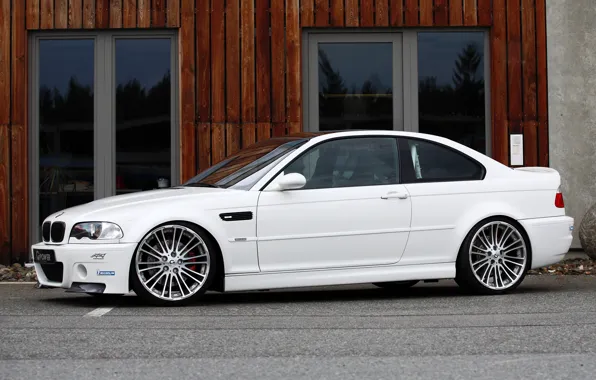 Picture white, asphalt, tuning, the building, bmw, BMW, door, white, drives, side view, g-power, e46, Mr. …