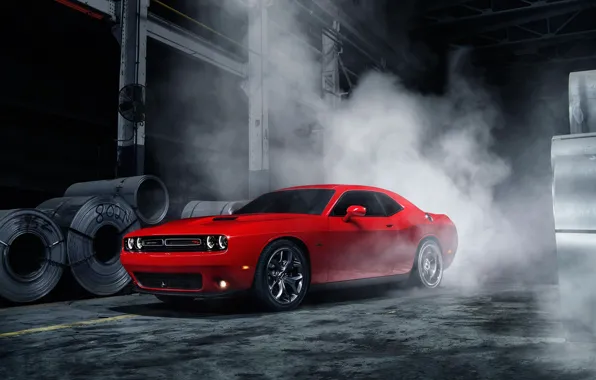 Picture Muscle, Dodge, Challenger, Red, Car, Front, Smoke, American, Ligth