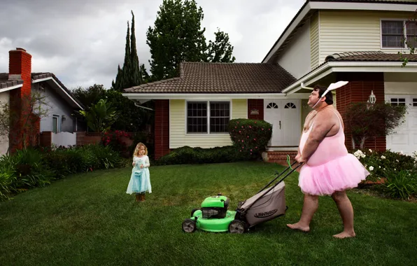 Picture house, lawn, man, the situation, rabbit, girl, outfit, lawnmower