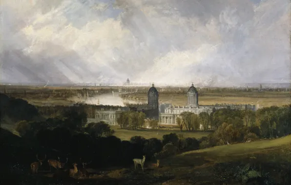 Picture animals, trees, landscape, Park, castle, picture, William Turner, London from Greenwich Park