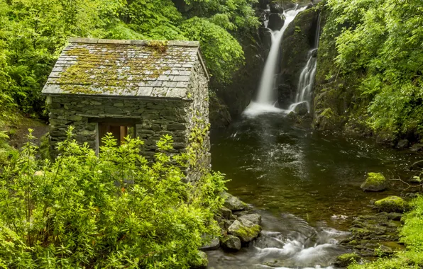 Picture river, England, waterfall, hut, the bushes, England, Lake District, Rydal Hall Waterfall