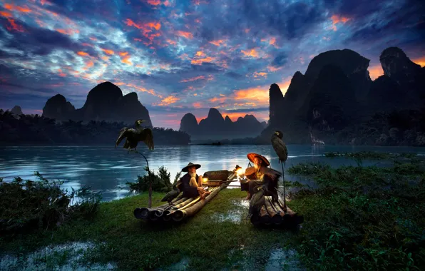Picture birds, river, boats, the evening, lights, China, fishermen, cormorants, district Guangxi Joins