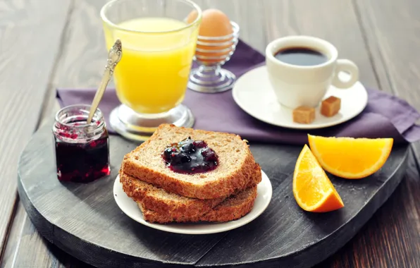 Picture coffee, food, Breakfast, juice, bread, citrus, jam, toast, orange