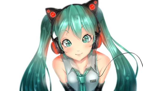 Picture girl, smile, anime, headphones, art, tie, wire, vocaloid, hatsune miku, ears