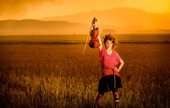 Picture field, sunset, mountains, violin, beauty, violin, Lindsey Stirling, Lindsey Stirling, violinist