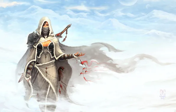 Picture snow, mountains, the wind, magic, Girl, sword, hood, amulet, cloak, warrior