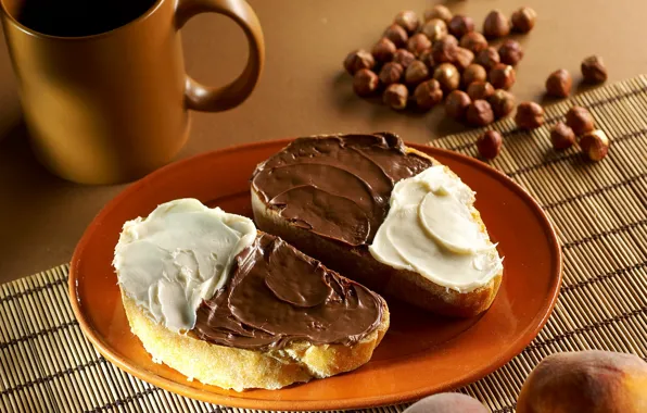 Picture food, chocolate, plate, bread, Cup, plate, nuts, cream, food, cup, chocolate, 1920x1080, nuts, cream, bread