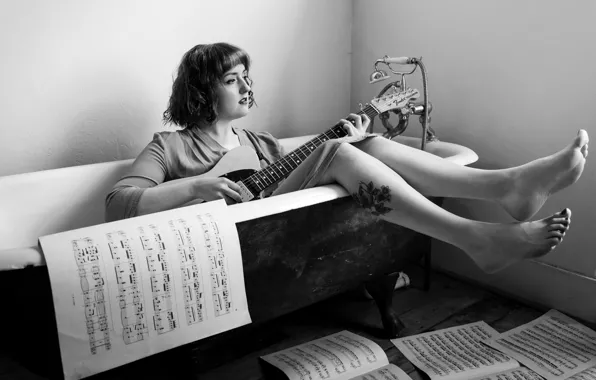 Picture girl, notes, music, guitar, bath