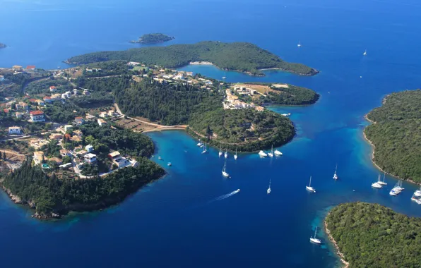 Picture sea, Islands, coast, yachts, Greece, panorama, Sivota