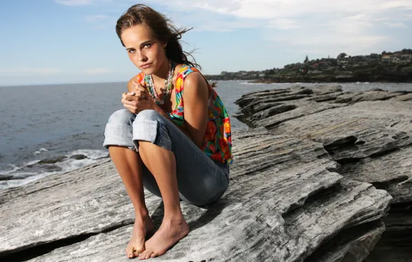 Picture sea, the sky, look, girl, stones, jeans, actress, barefoot, Isabel Lucas, Isabel Lucas