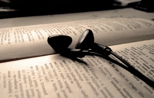 Picture text, headphones, book
