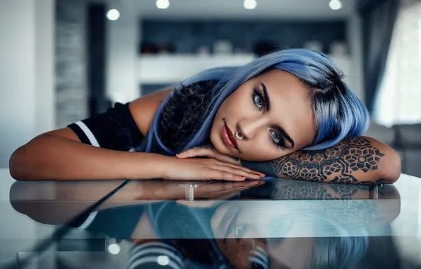 Picture look, girl, hair, makeup, piercing, tattoo, hairstyle, beautiful, painted, Alessandro Di Cicco, Soft Blue