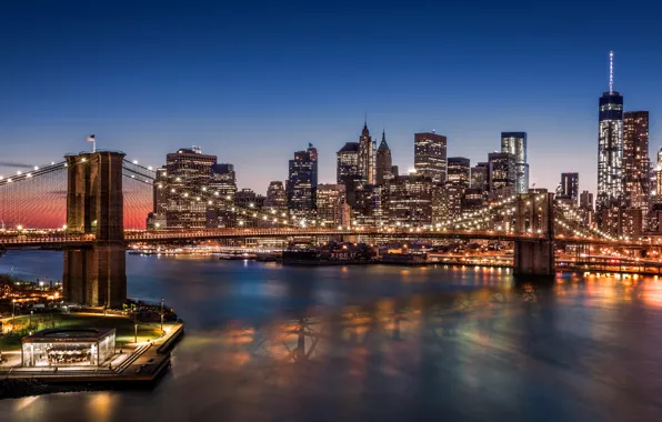Picture city, lights, USA, night, New York, Manhattan, Brooklyn Bridge, skyscrapers, harbour