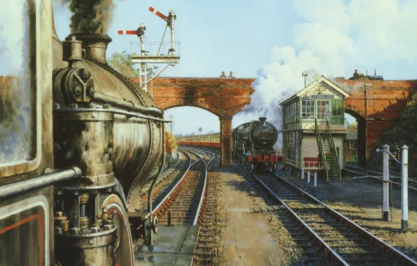 Picture landscape, bridge, smoke, train, the engine, picture, canvas, stop, patrol