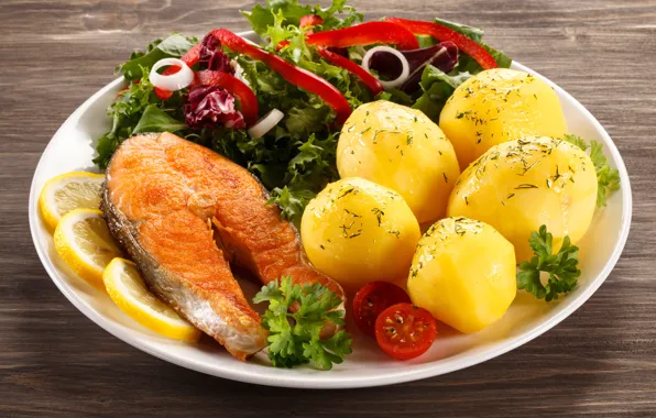 Picture photo, Lemon, Fish, Vegetables, Lime, Plate, Food, Main dishes, Potatoes