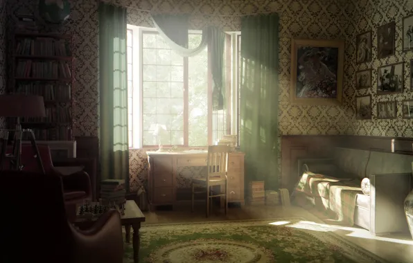 Picture old, room, interior, window, the sun's rays, render